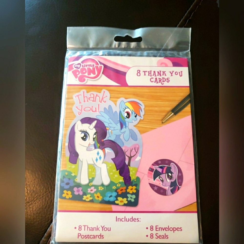 A set of brand new thank you cards. 8 cards. Sealed, never open. My little pony.
